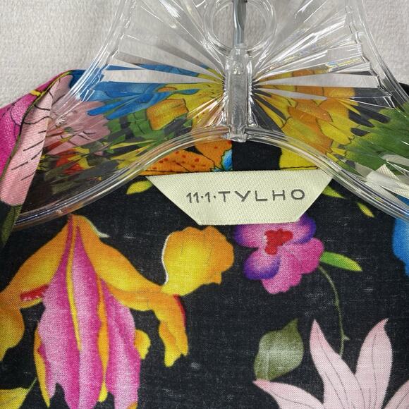 Anthro 11-1-TYLHO Top Womens M Black Floral Colorful Roll Tab Sleeve Button Up - Picture 3 of 10